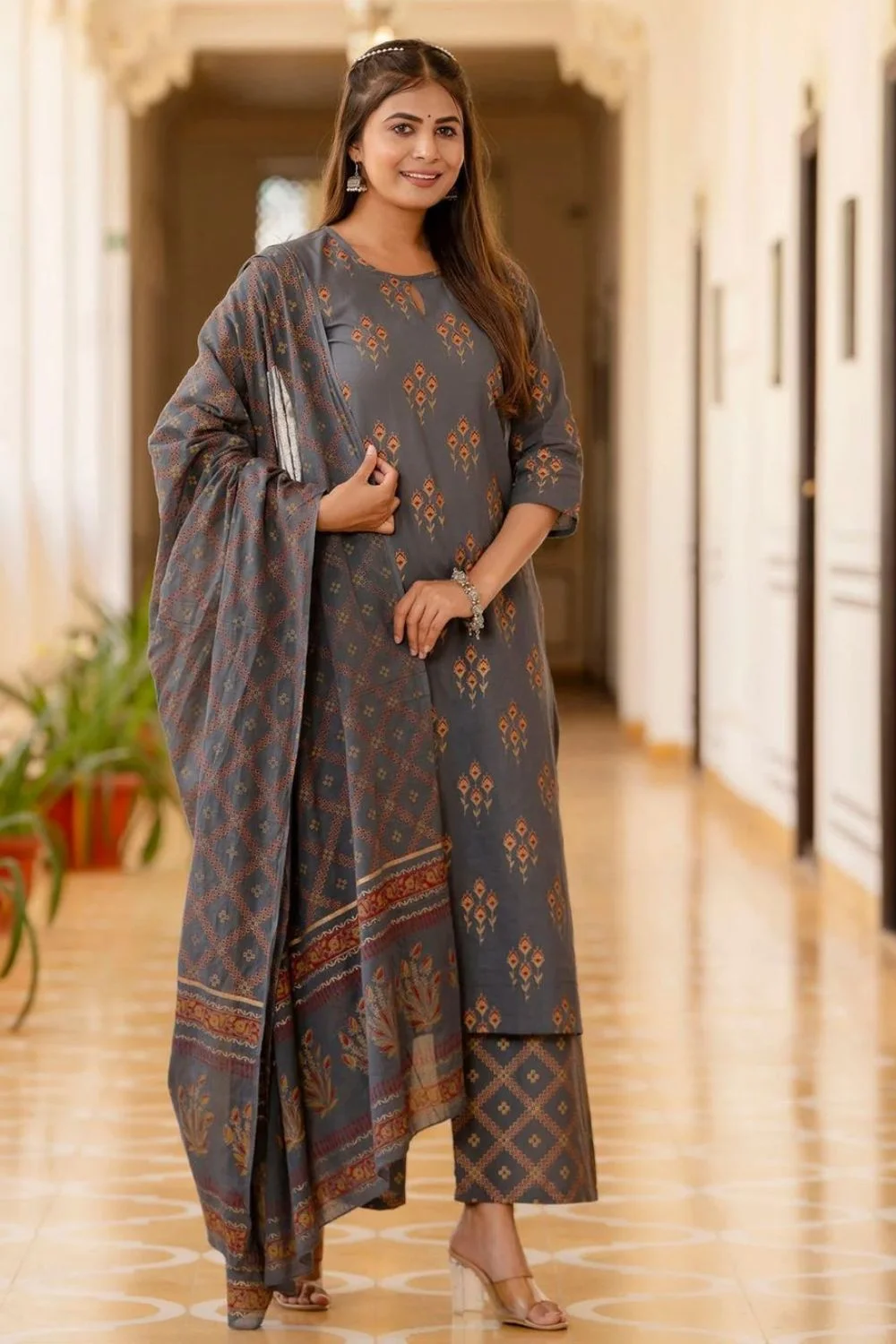 Charcoal Grey Jaipuri Kurta Trouser Dupatta Set