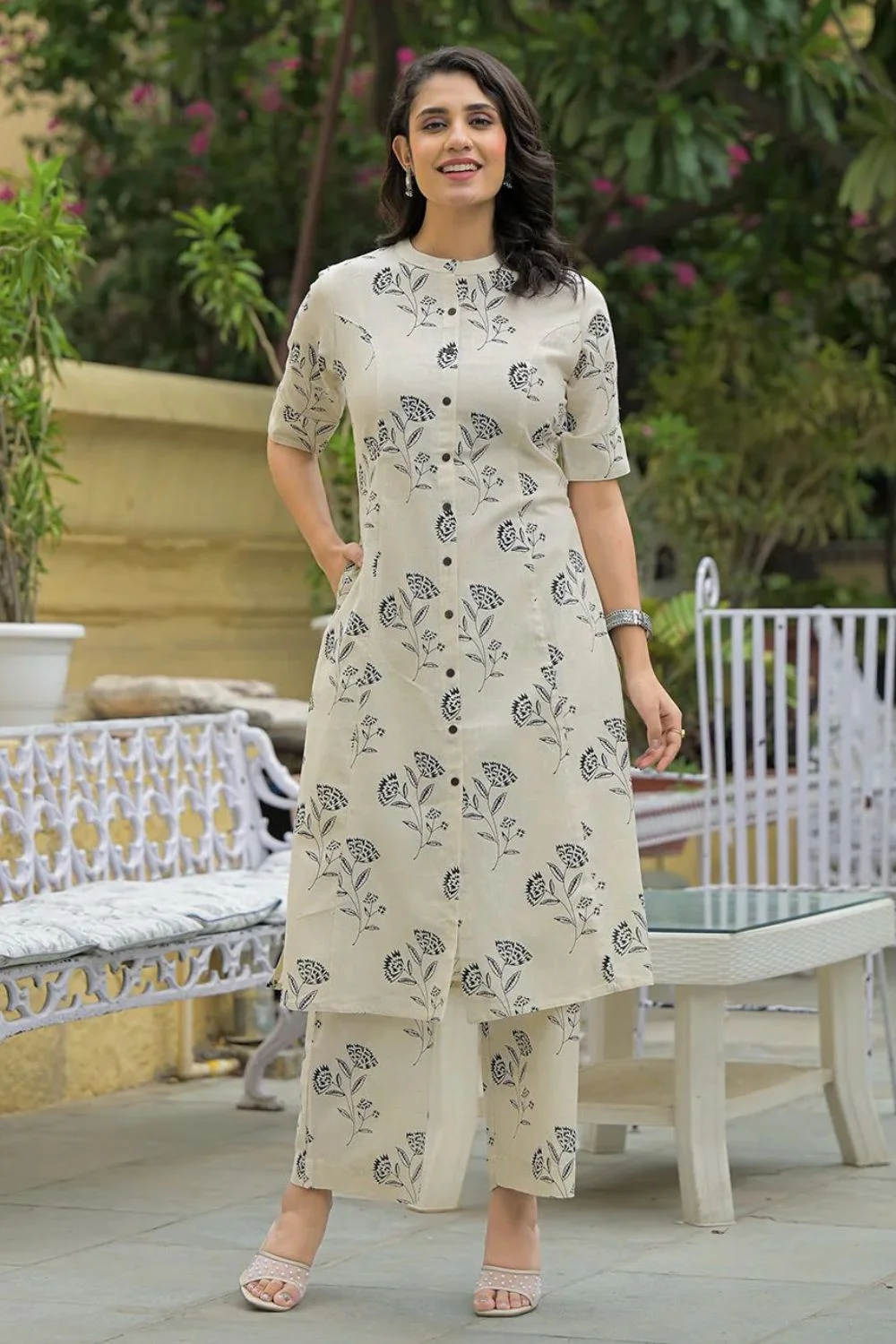 Cream Color Jaipuri Kurta Trouser Set