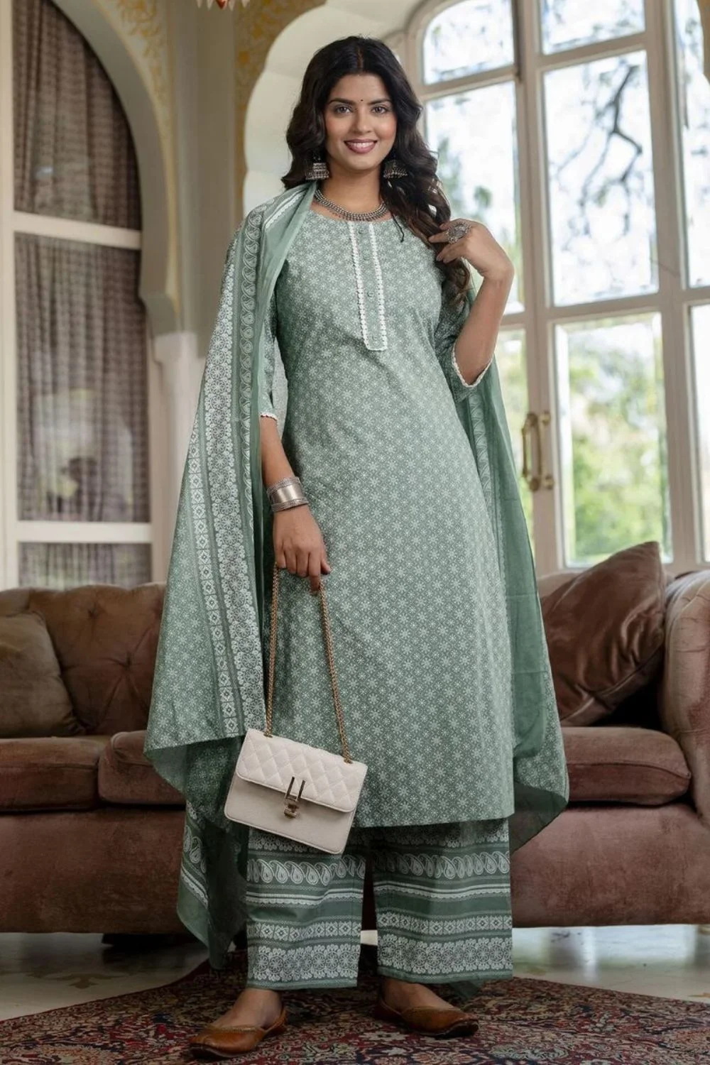 Green And White Jaipuri Kurta Palazzo Dupatta Set