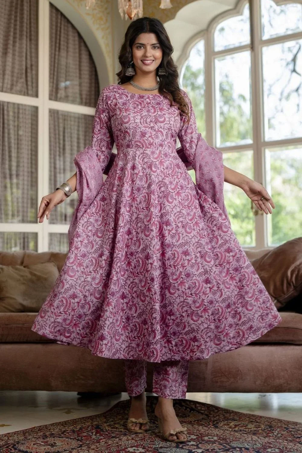 Lavender Jaipuri Kurta Trouser Dupatta Set