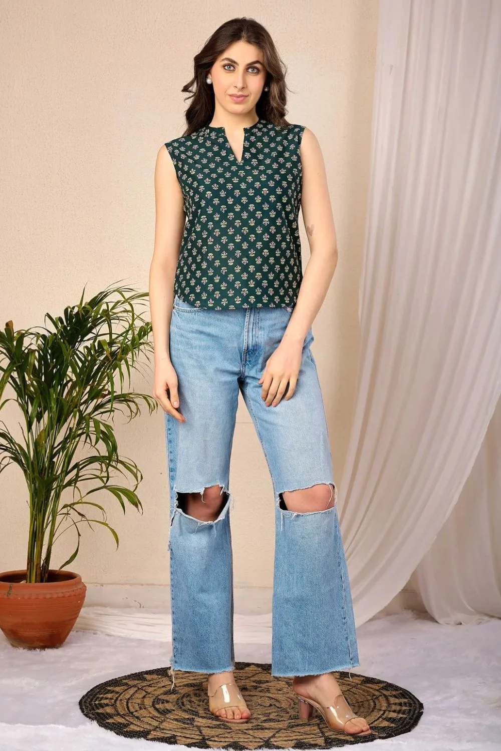 Green Floral Printed Jaipuri Top