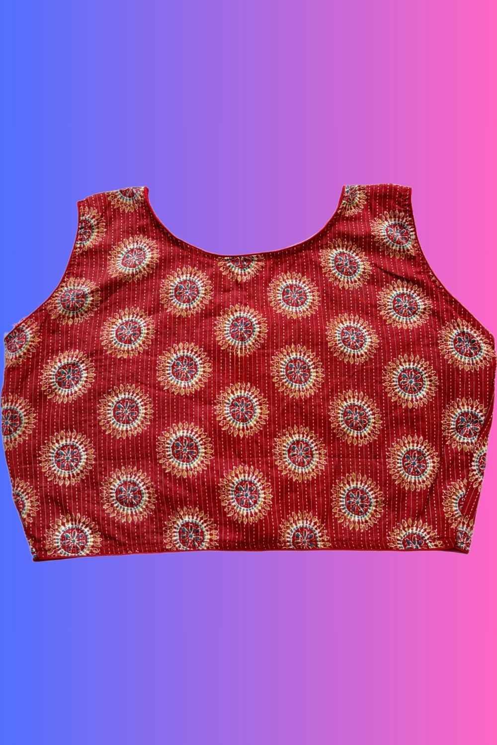 Vibrant Red Ajrakh Printed Boat Neck Blouse