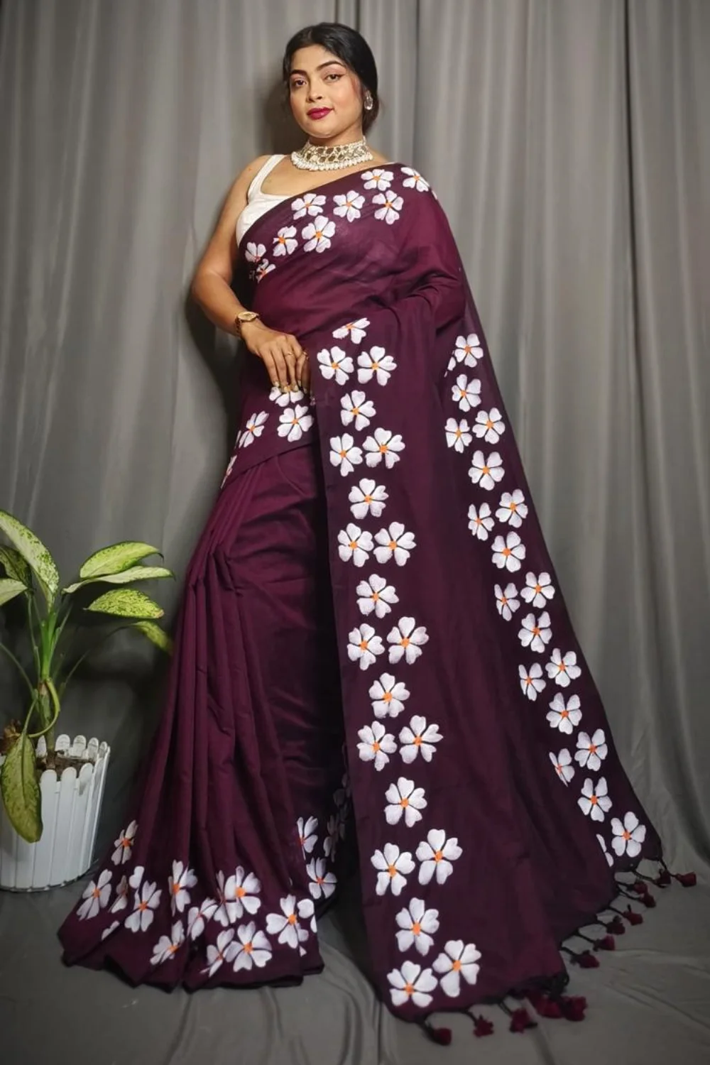 Maroon Khadi Saree with Shiuli Print