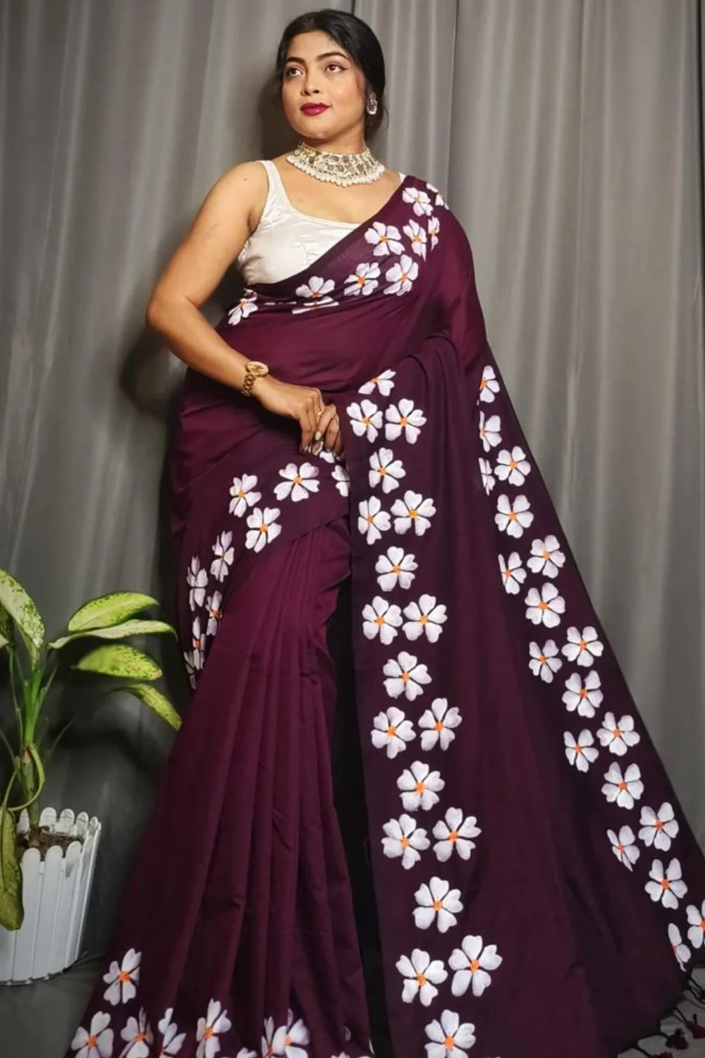 Maroon Khadi Saree with Shiuli Print