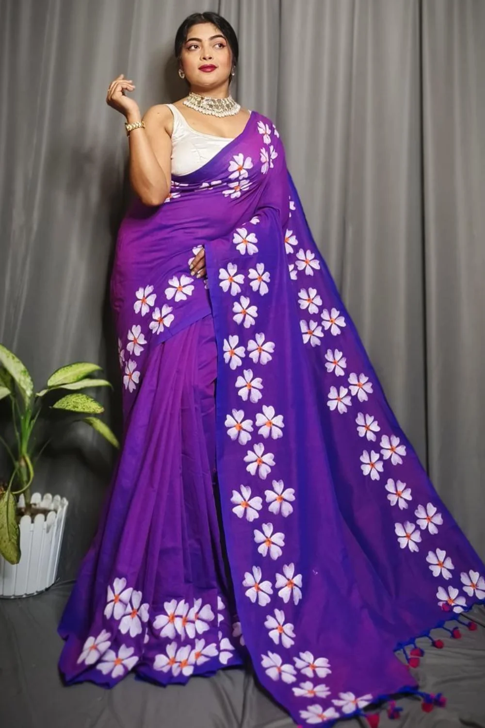 Indigo Khadi Saree With Shiuli Print