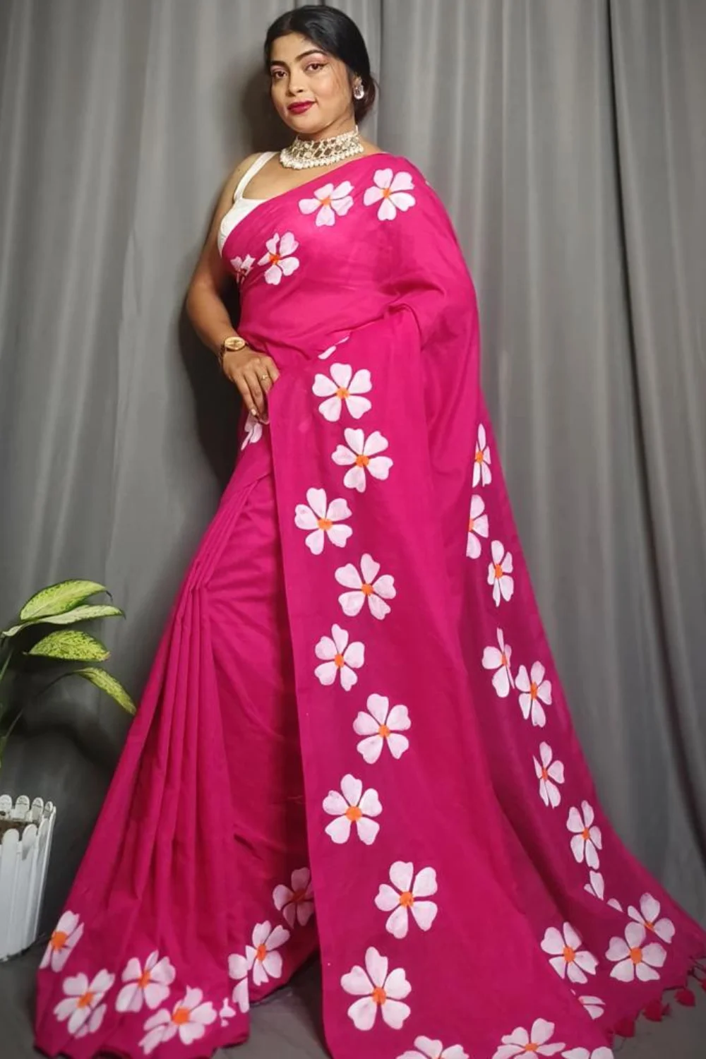 Dark Pink Khadi Saree with Shiuli Print