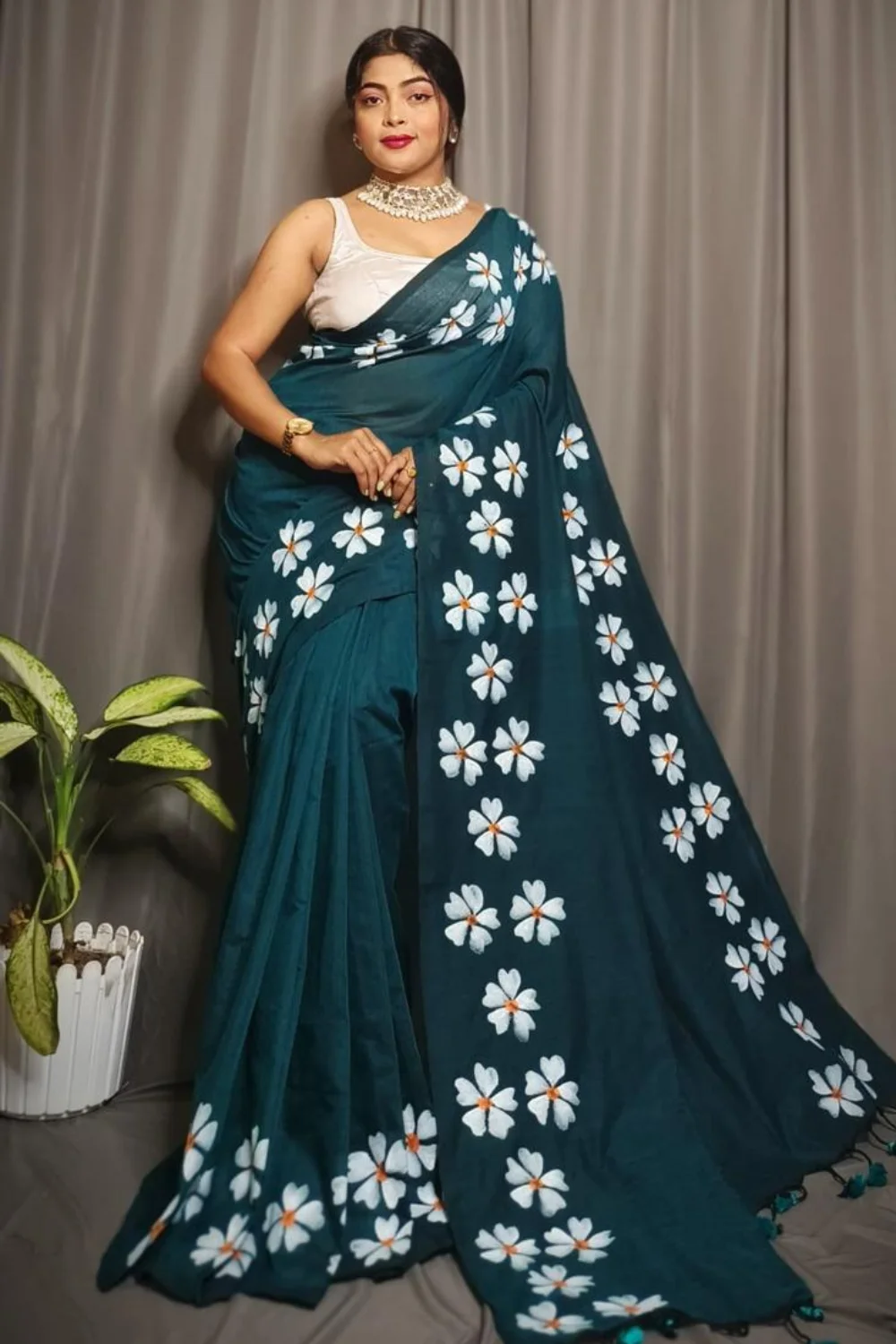 Dark Green Khadi Saree with Shiuli Print