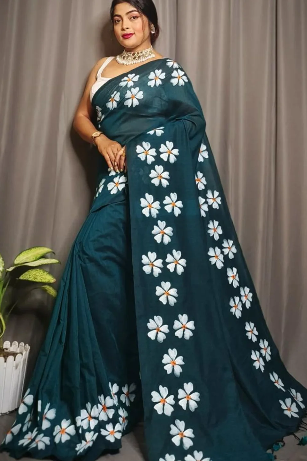 Dark Green Khadi Saree with Shiuli Print