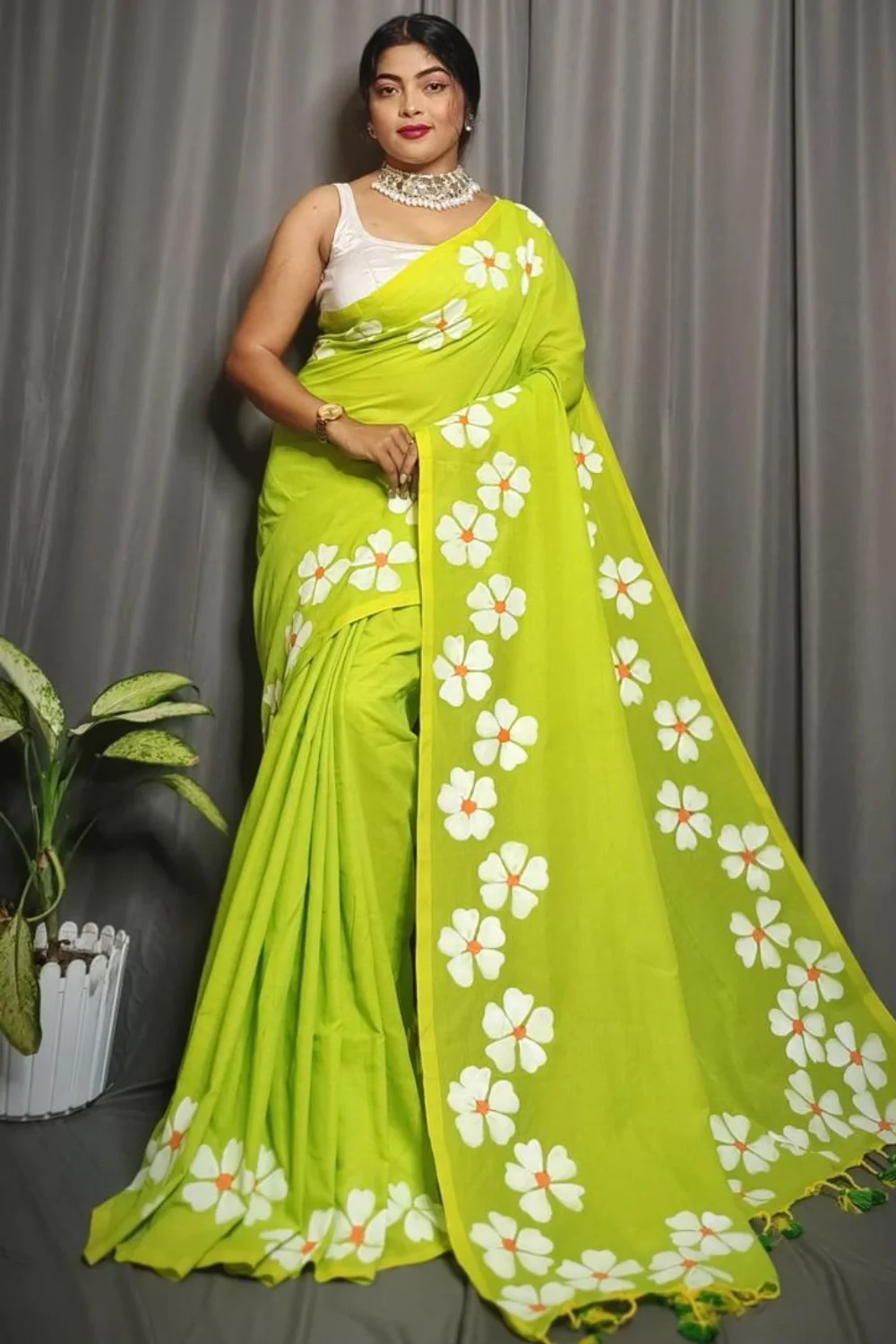 Lime Green Khadi Saree with Shiuli Print