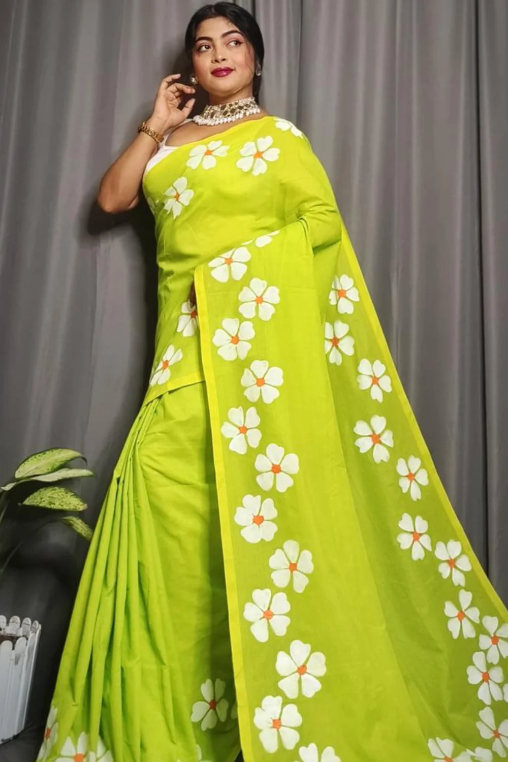 Lime Green Khadi Saree with Shiuli Print