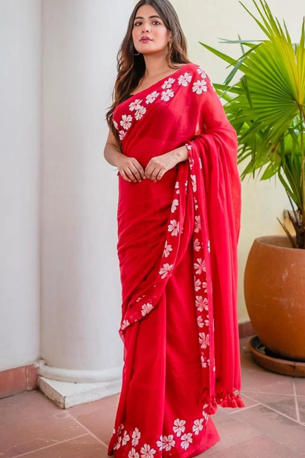 Bright Red Khadi Saree With Shiuli Print