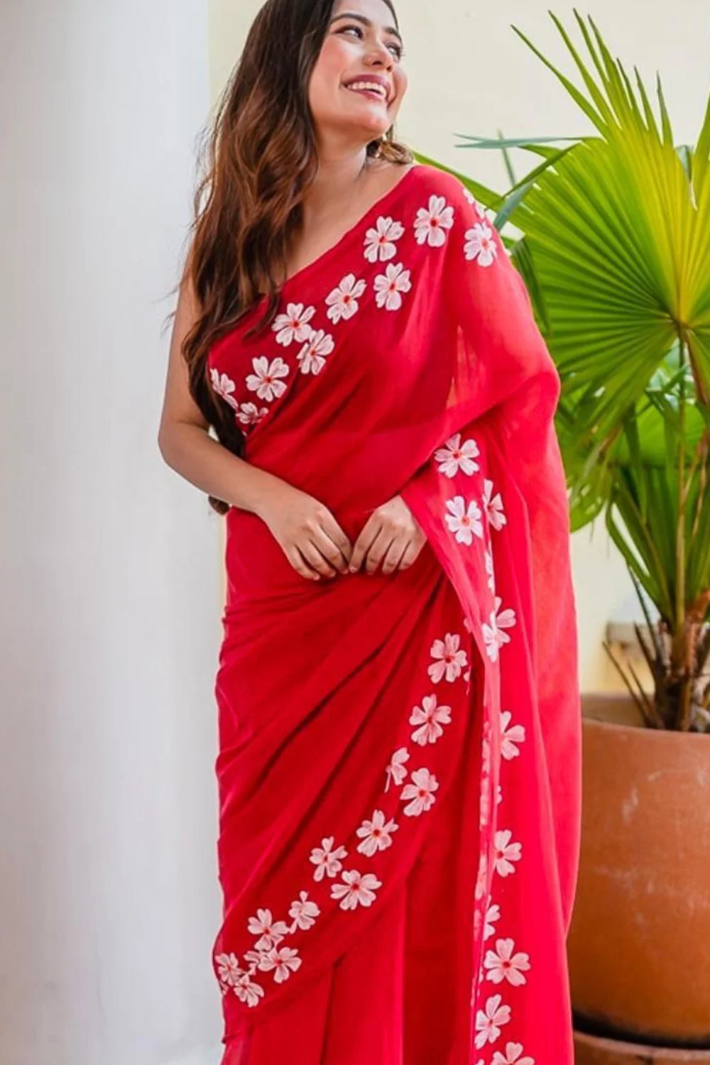 Bright Red Khadi Saree With Shiuli Print