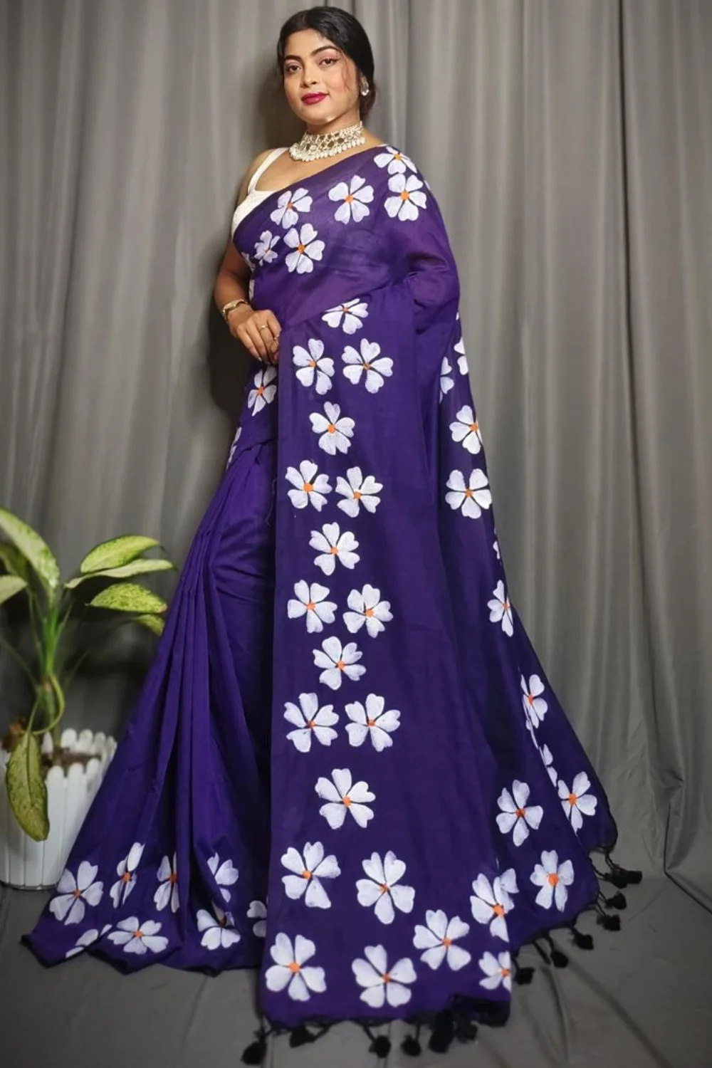 Purple Khadi Saree with Shiuli Print