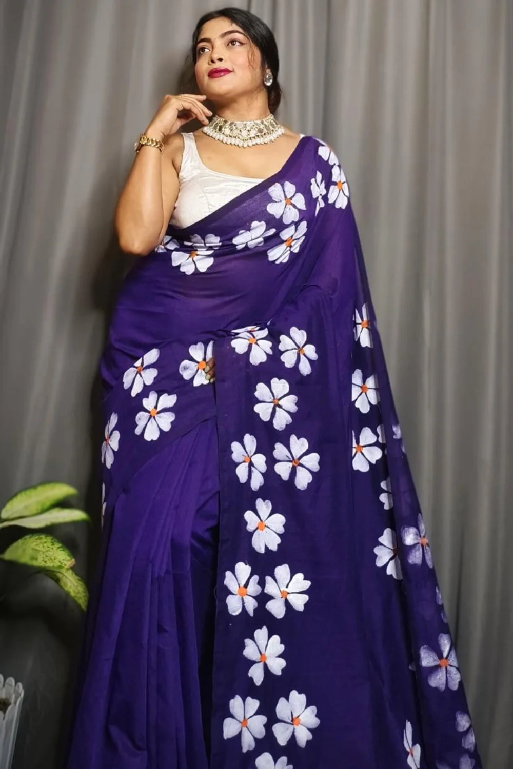 Purple Khadi Saree with Shiuli Print