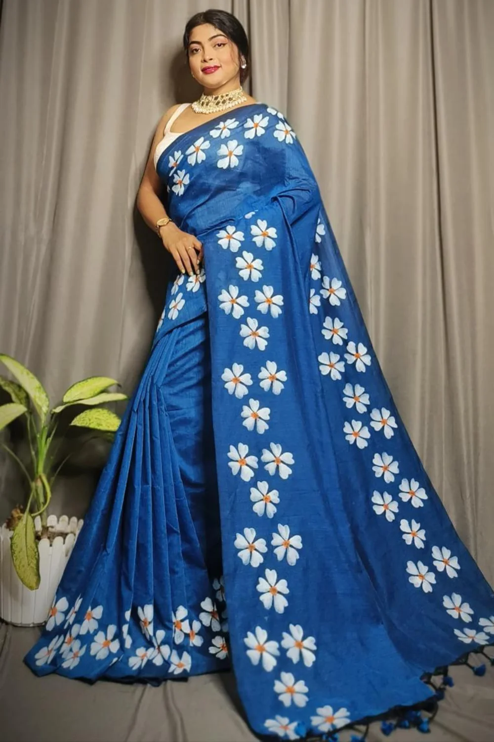 Blue Khadi Saree with Shiuli Print