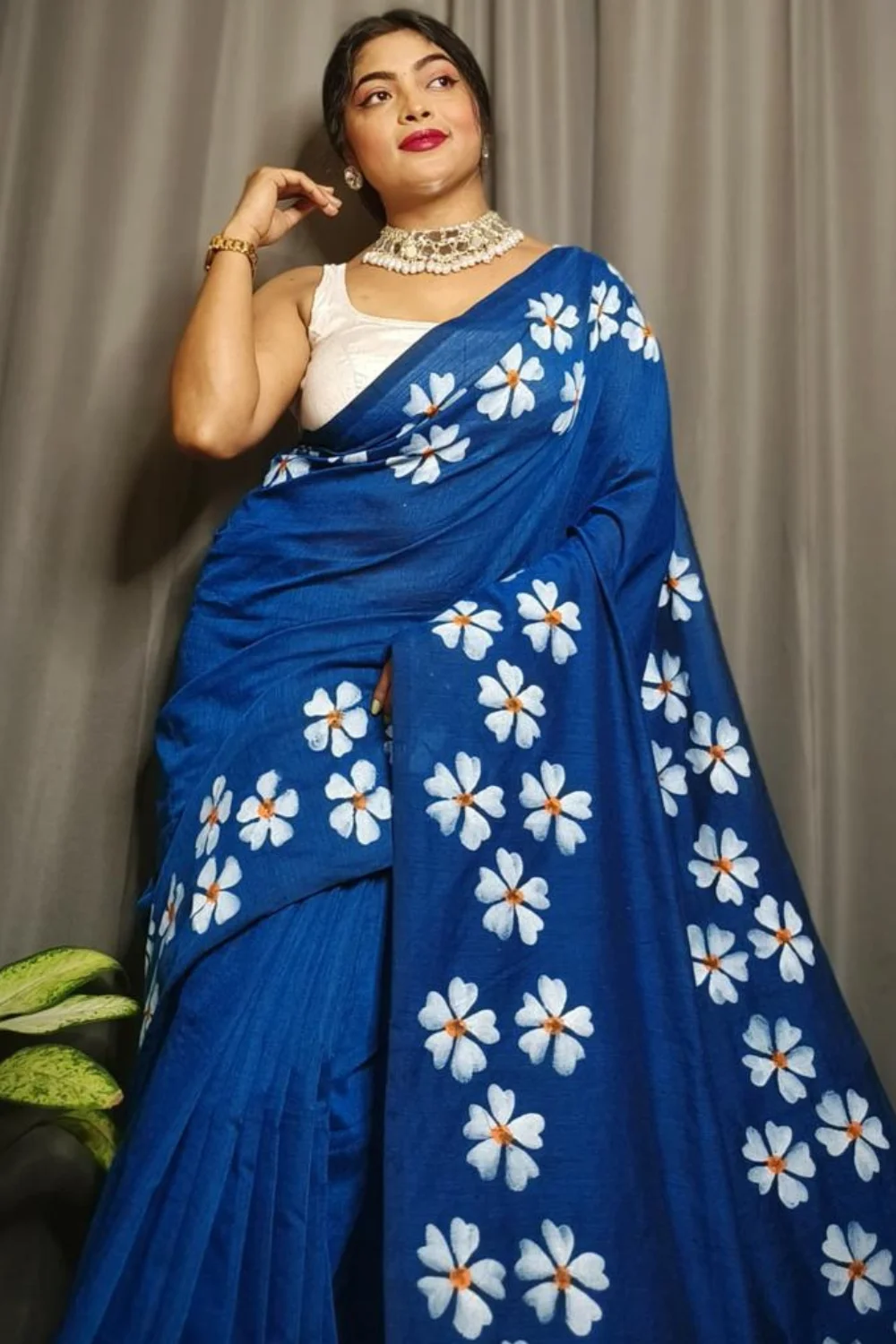 Blue Khadi Saree with Shiuli Print