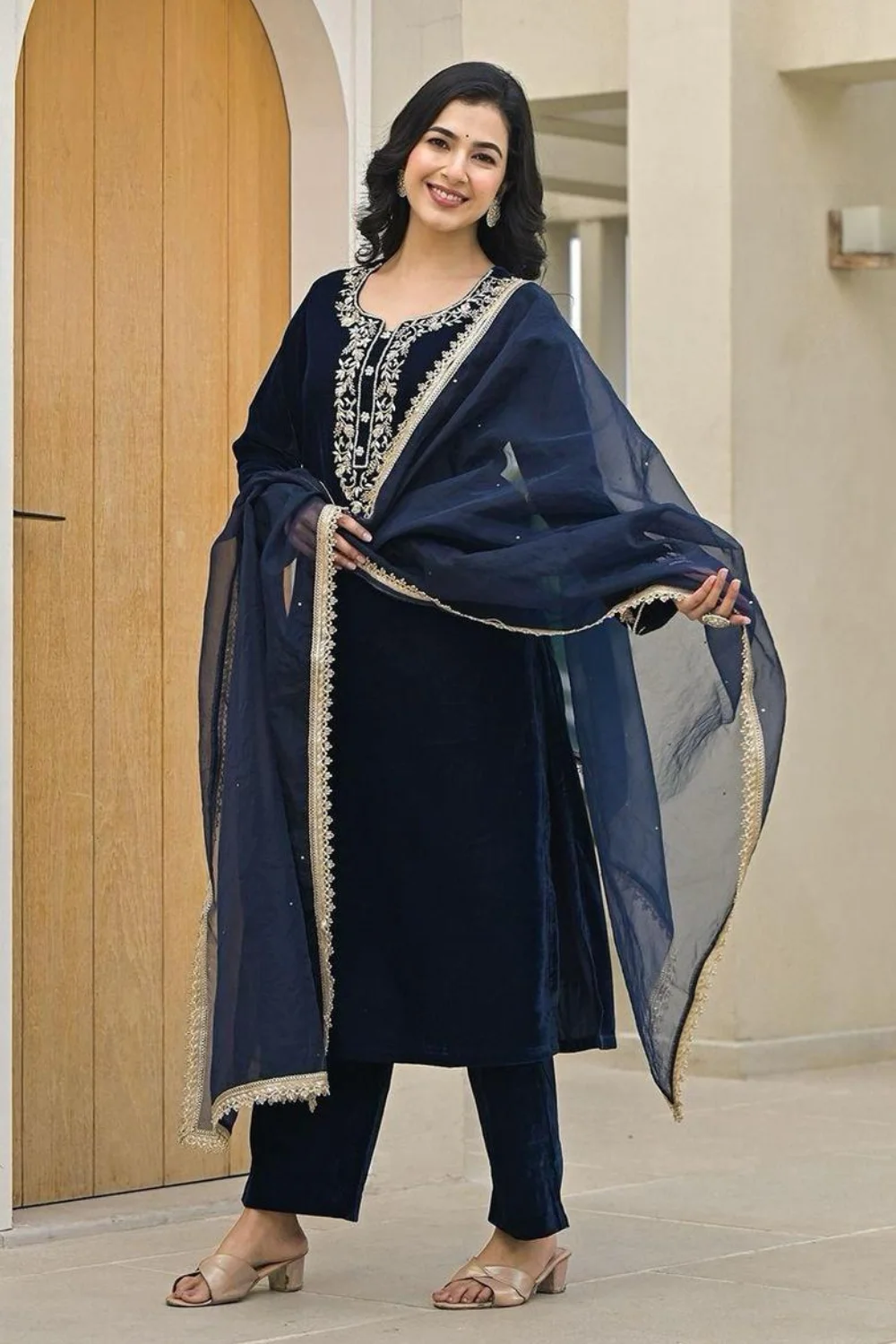 Navy Blue Jaipuri Kurta Pant Dupatta Set