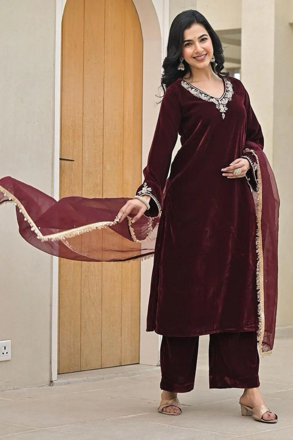 Maroon Jaipuri Kurta Pant Dupatta Set