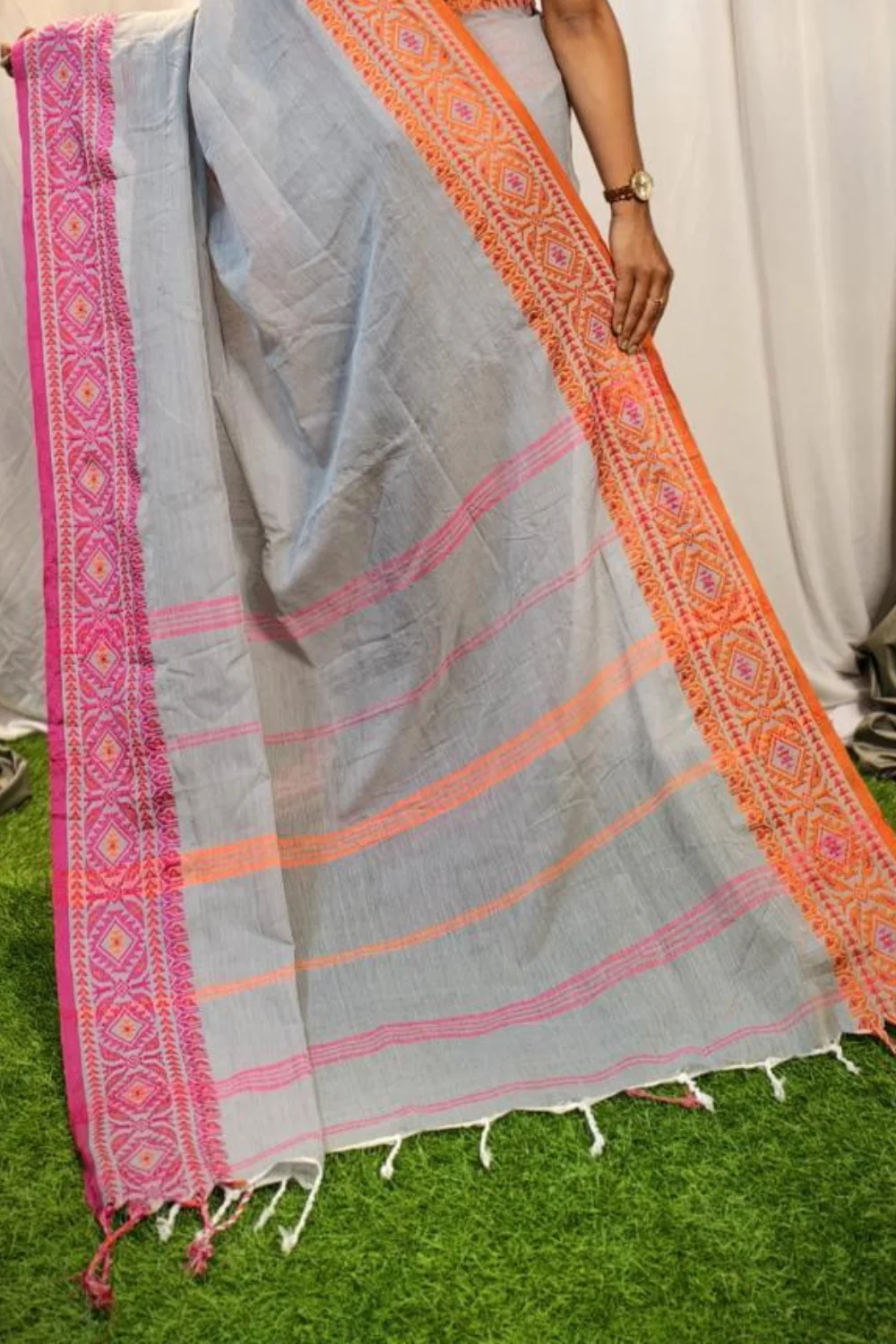Gray Cotton Saree With Designer Border