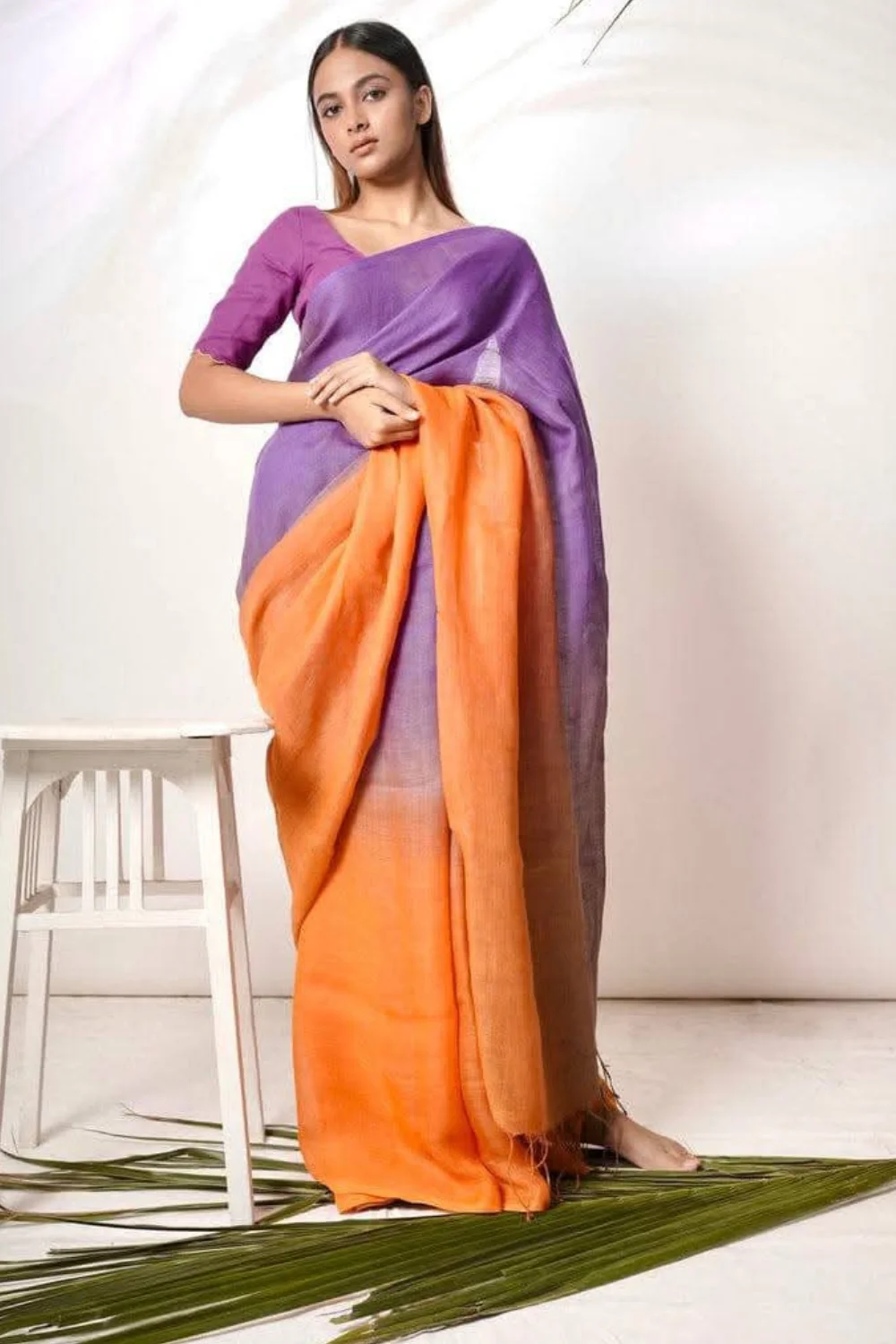 Violet And Orange Pure Linen Tie Dye Saree