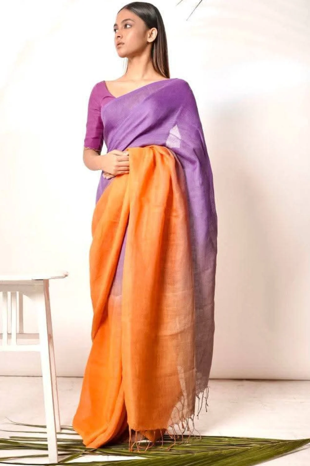 Violet And Orange Pure Linen Tie Dye Saree