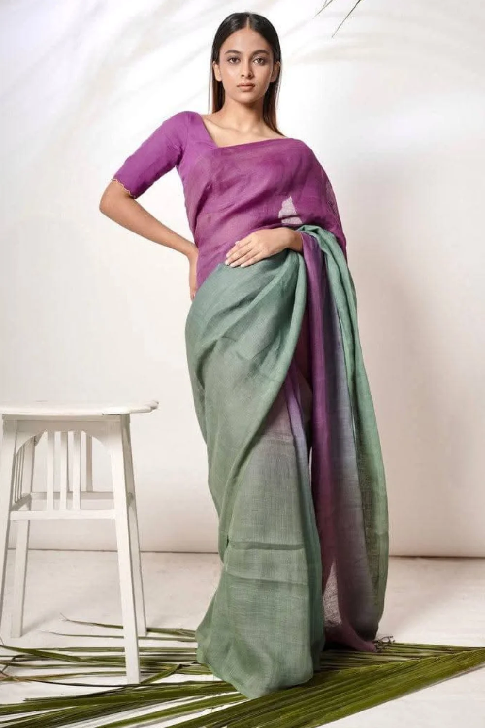 Violet And Gray Pure Linen Tie Dye Saree
