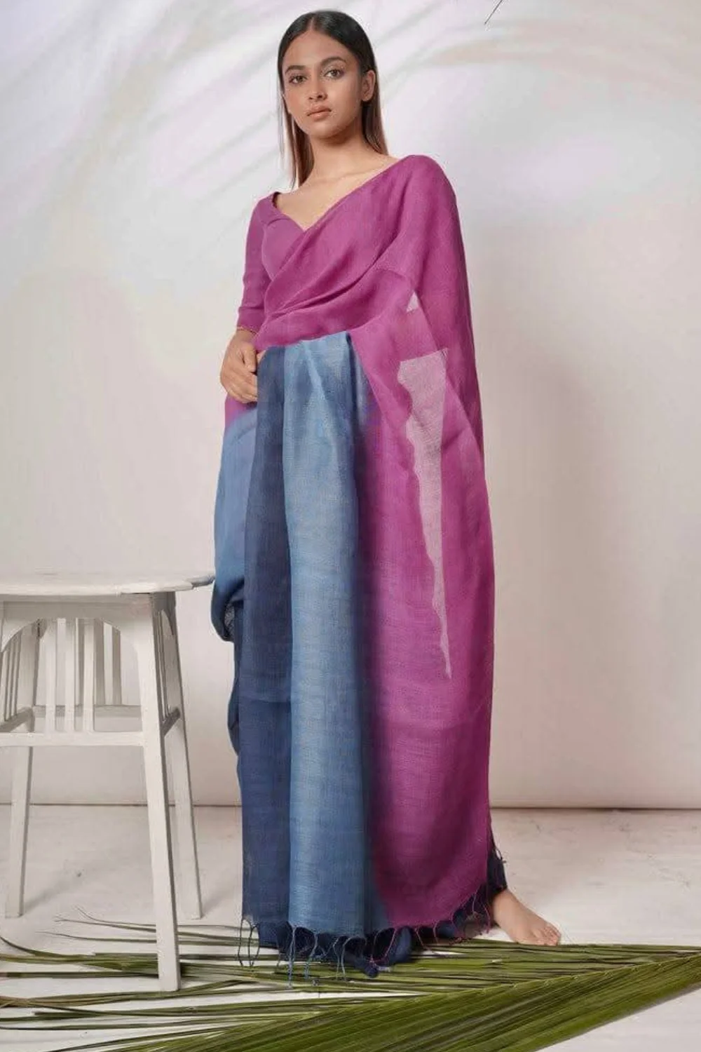 Violet And Blue Pure Linen Tie Dye Saree
