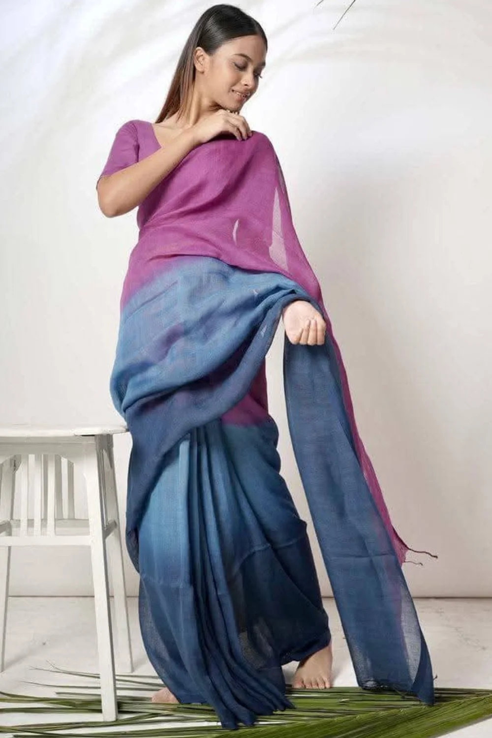 Violet And Blue Pure Linen Tie Dye Saree