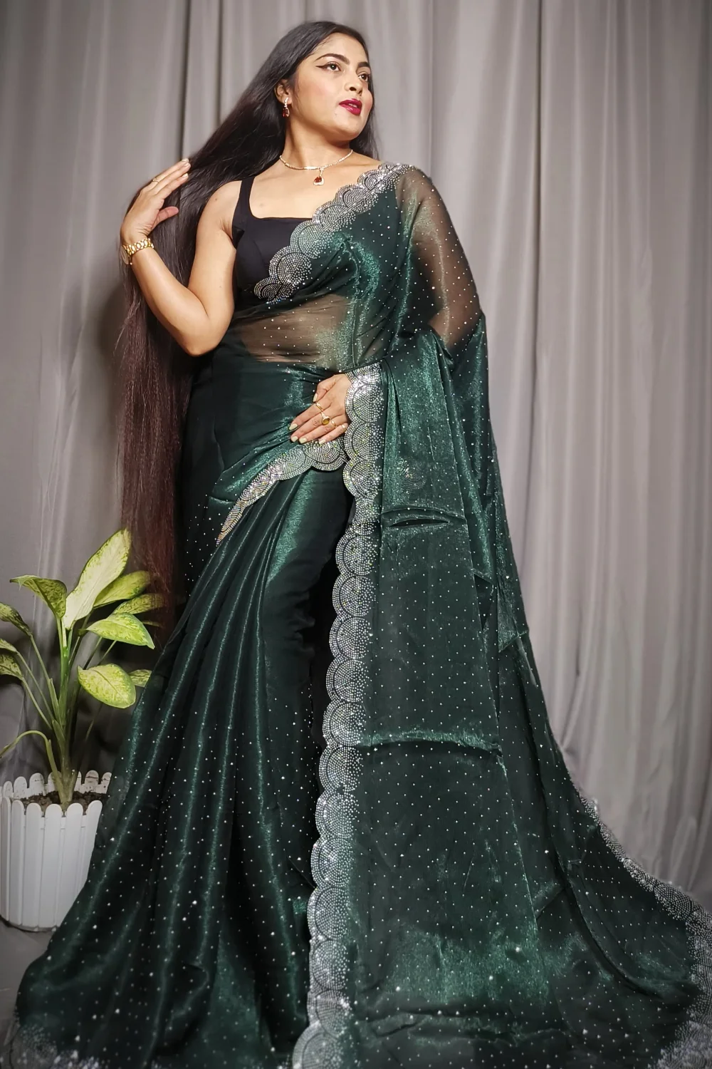 Algae Green Chiffon Organza Saree