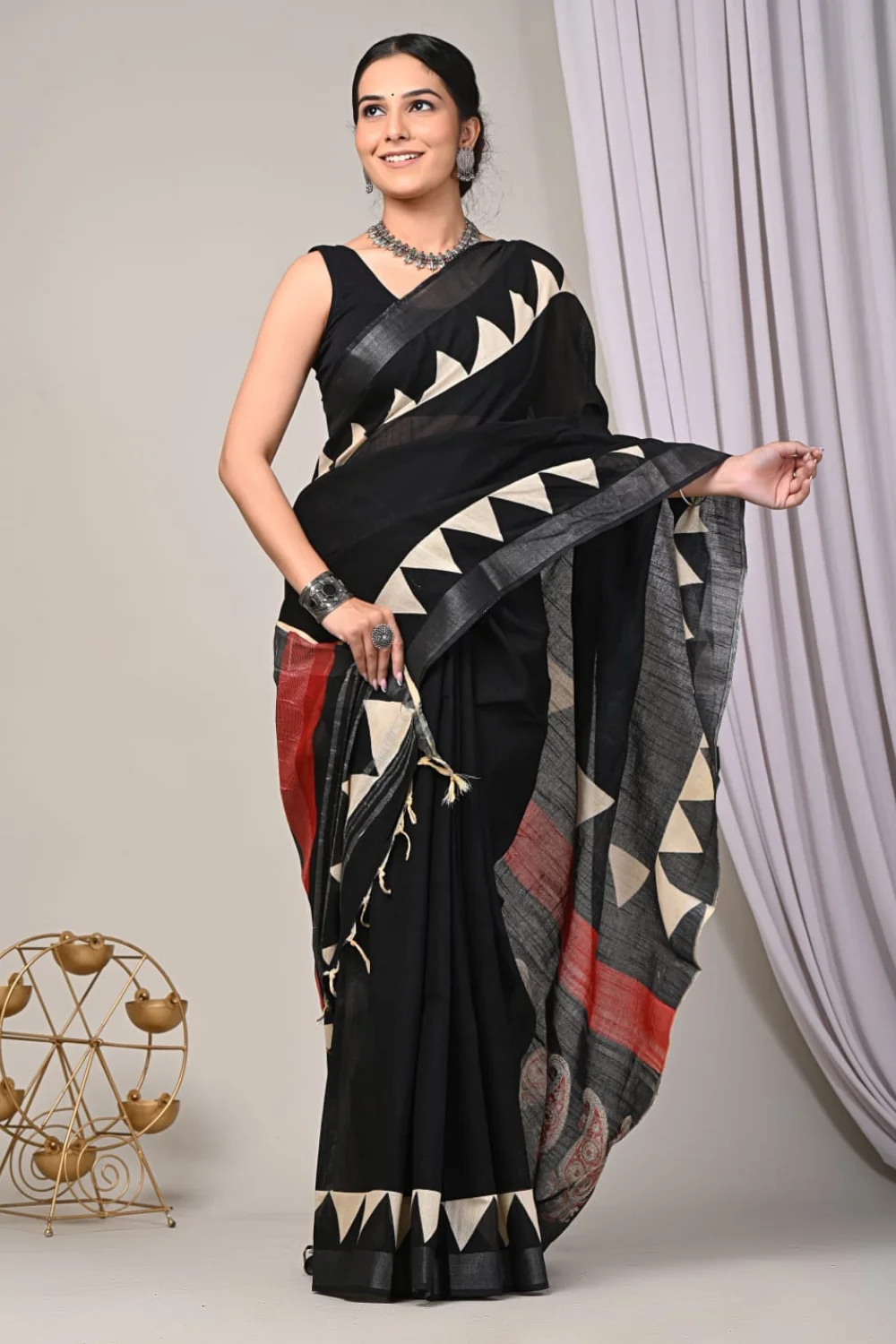 Handblock Printed Linen Saree