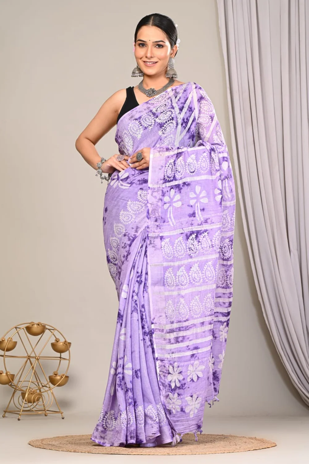 Elegant Handblock Printed Linen Saree