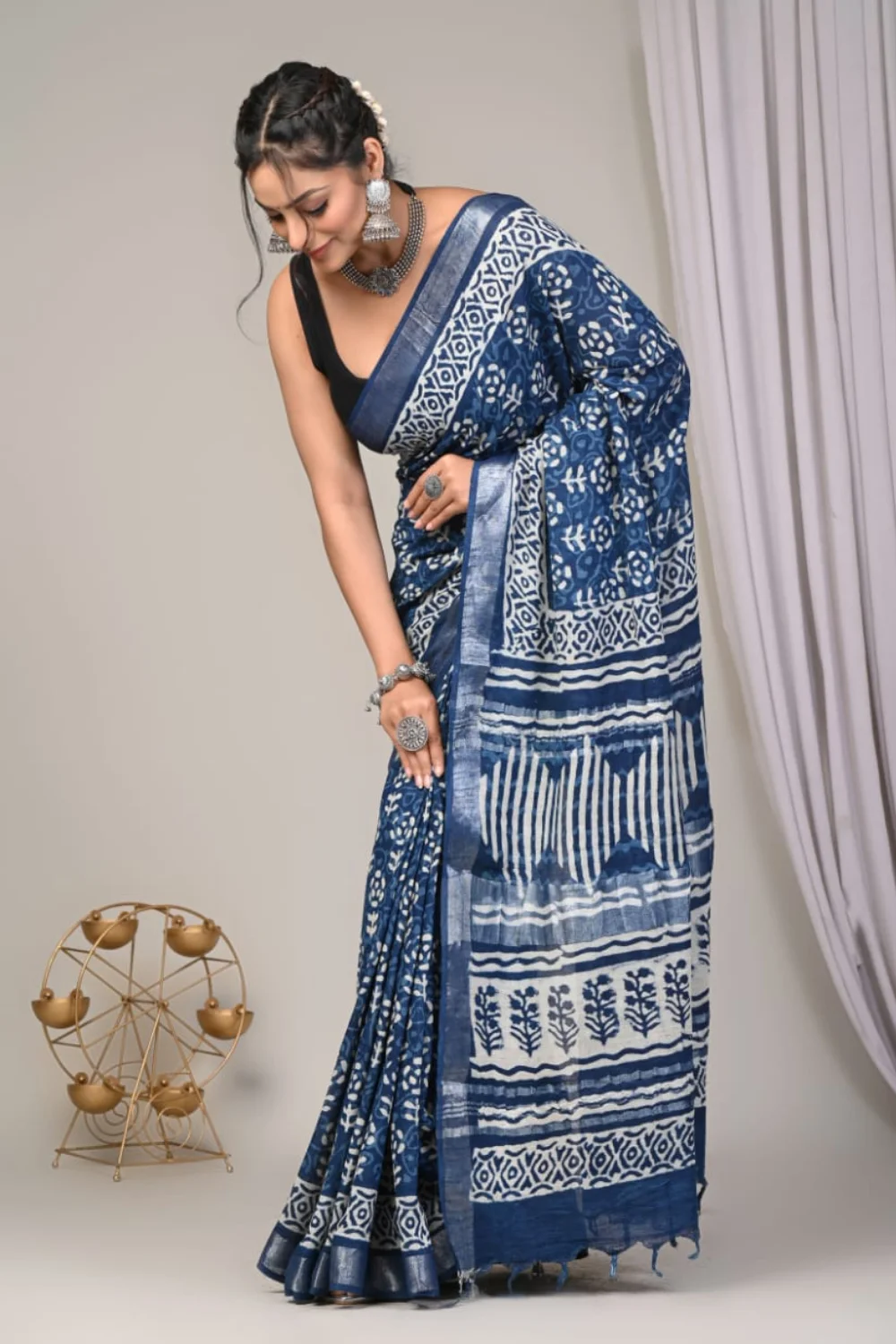 Aesthetic Handblock Printed Linen Saree