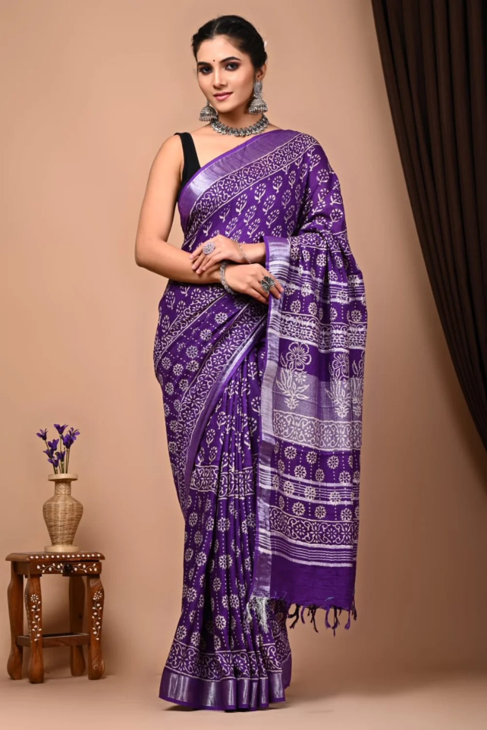 Classic Handblock Printed Kalamkari Linen Saree