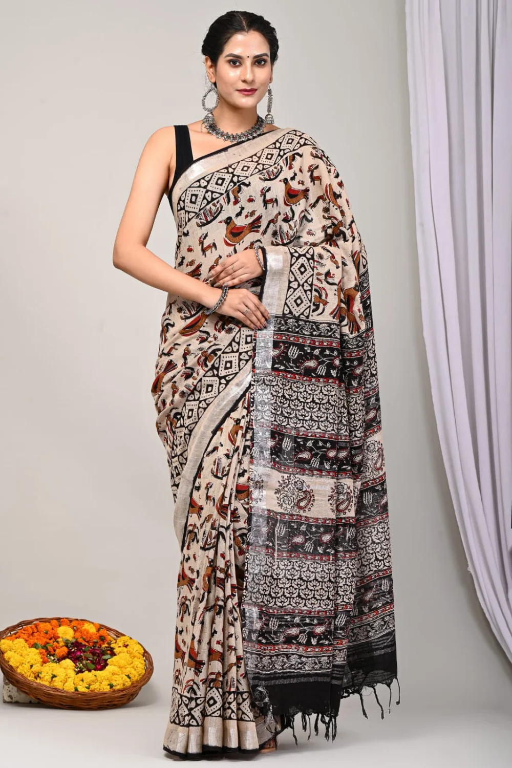 Glorious Handblock Printed Kalamkari Linen Saree