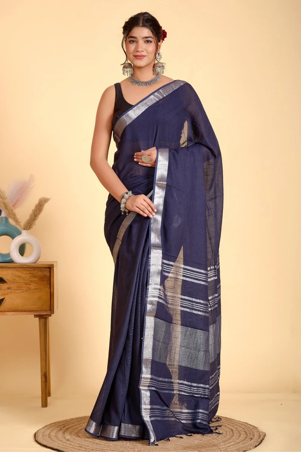 Navy Blue Designer Linen Silk Saree