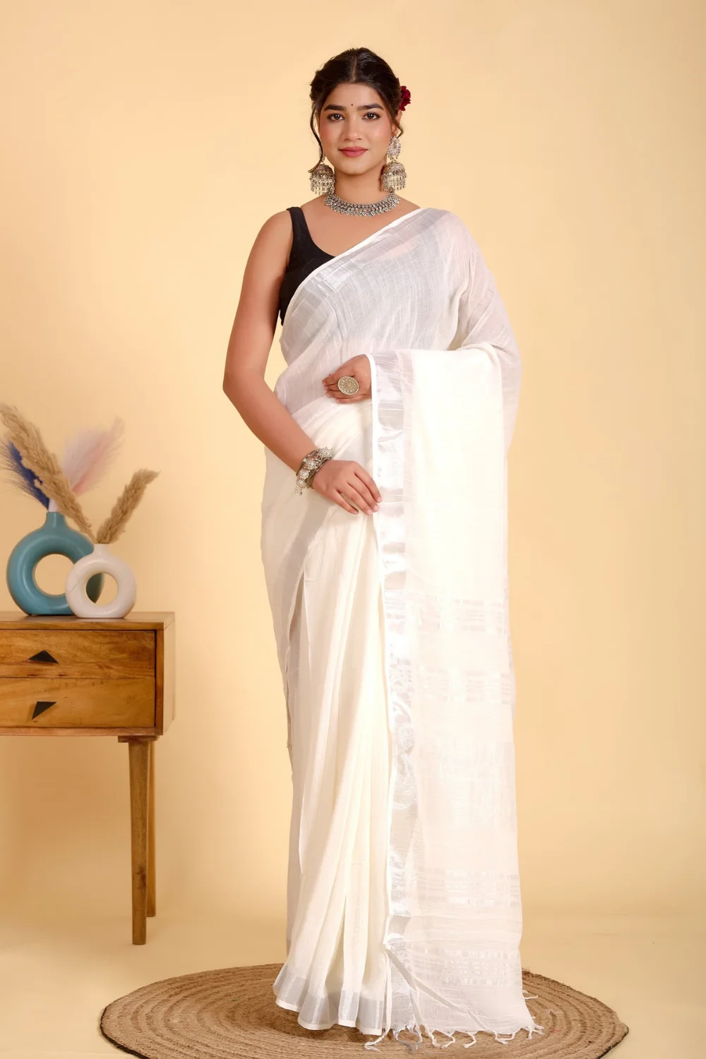 White Designer Linen Silk Saree