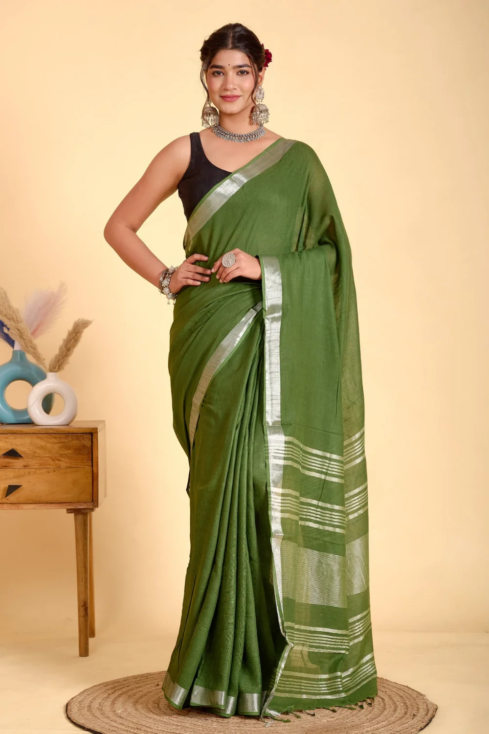 Dark Green Designer Linen Silk Saree