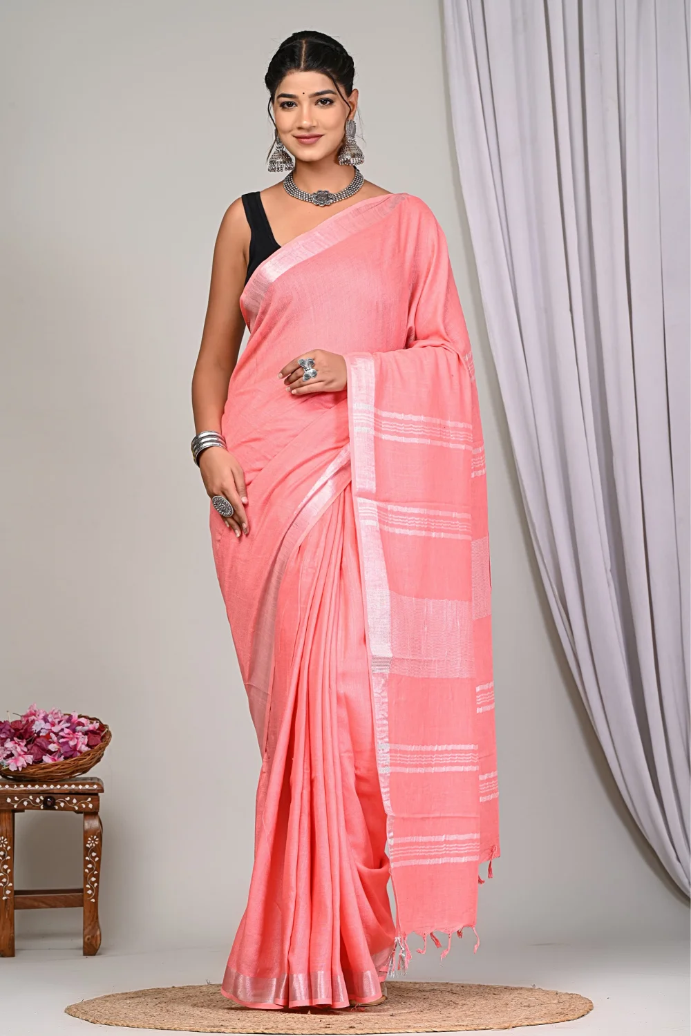 Light Pink Designer Linen Silk Saree