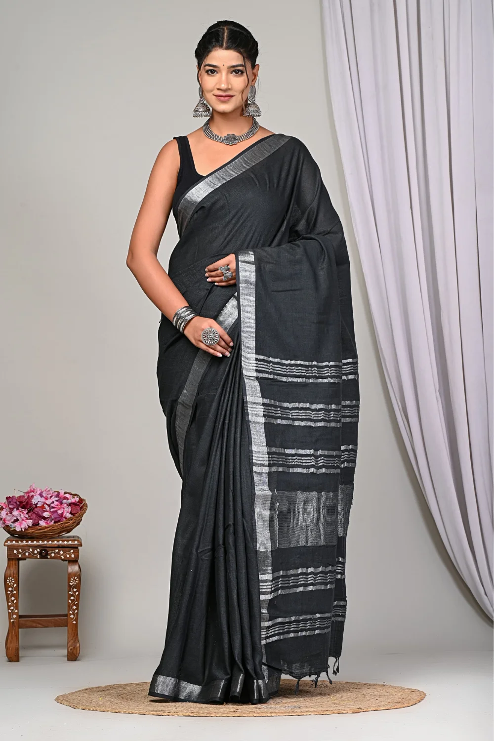 Black Designer Linen Silk Saree