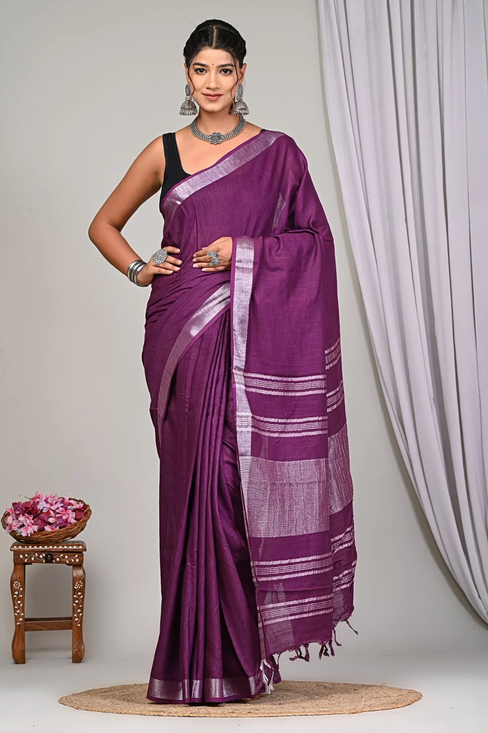 Purple Designer Linen Silk Saree