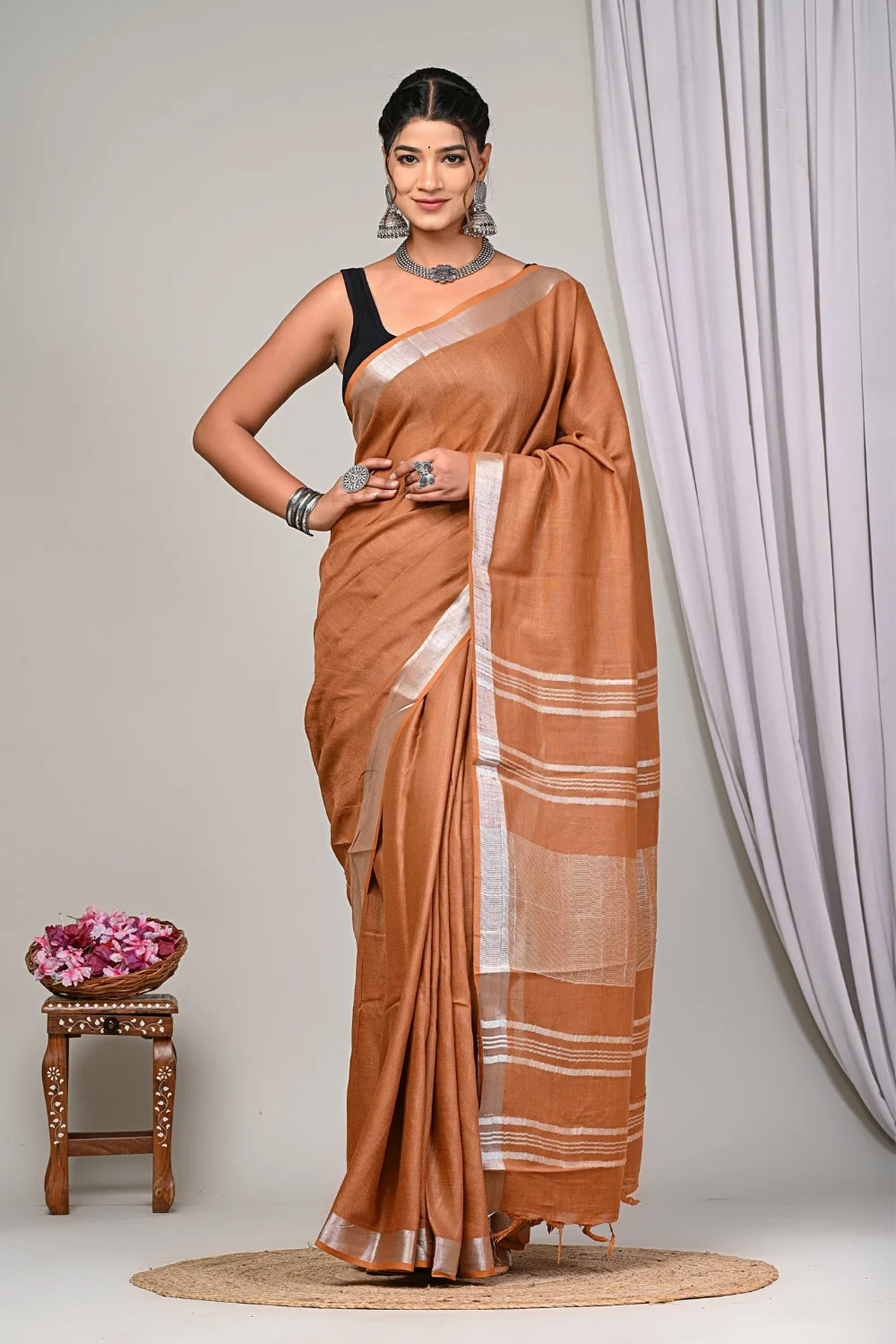 Tan Designer Linen Silk Saree