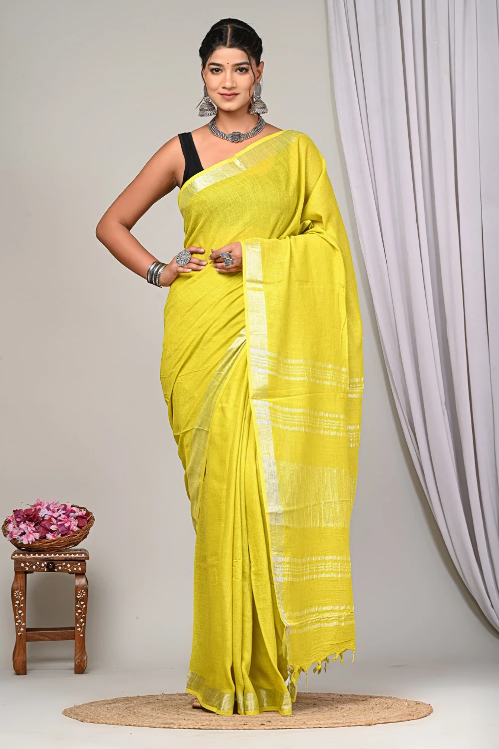 Lemon Yellow Designer Linen Silk Saree