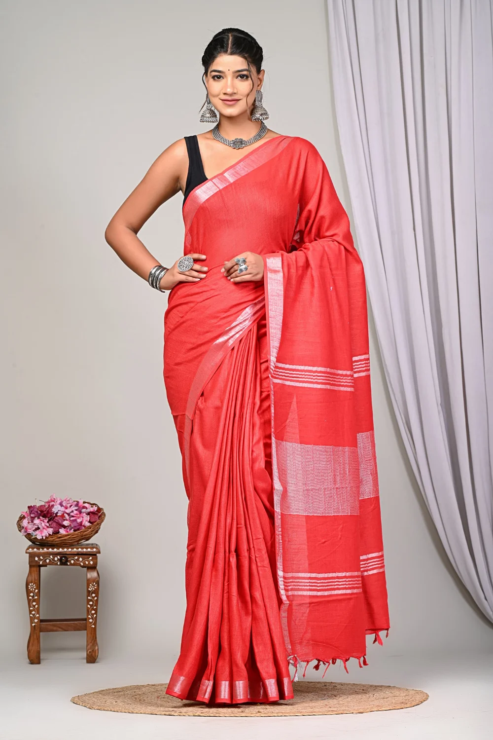 Red Designer Linen Silk Saree