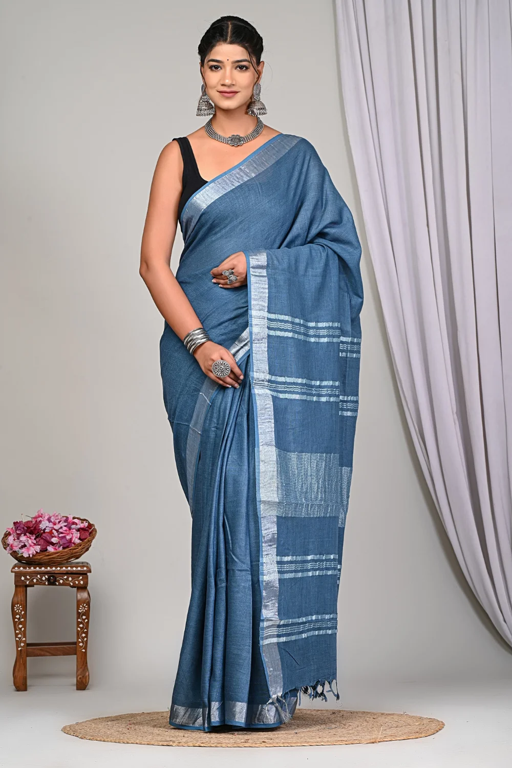 Cyan Designer Linen Silk Saree