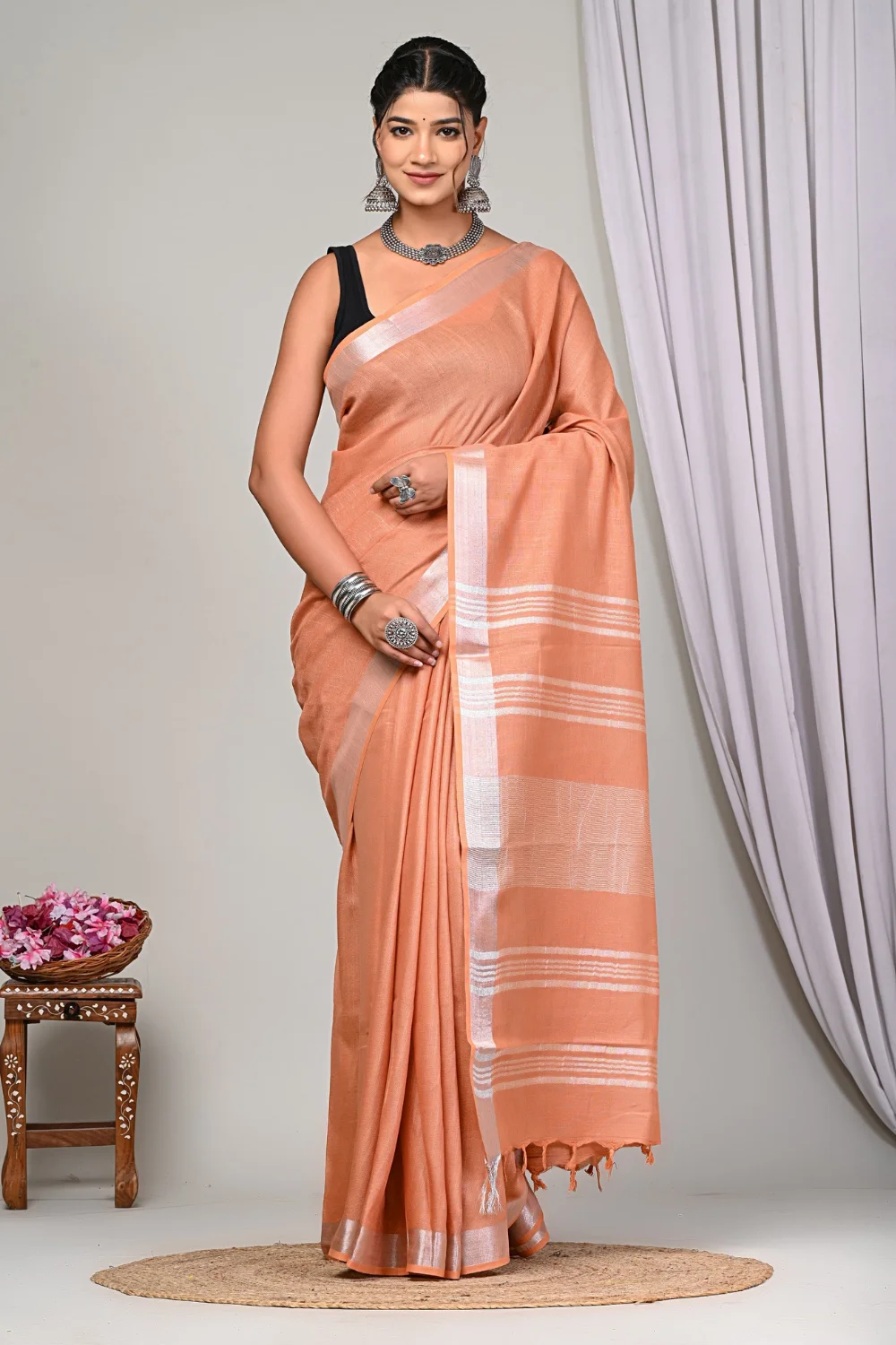 Peach Designer Linen Silk Saree