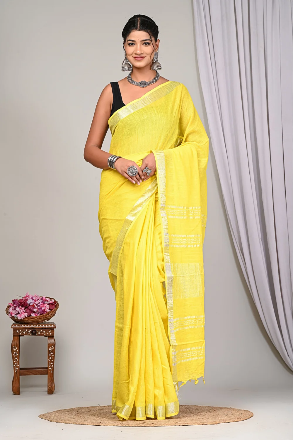 Yellow Designer Linen Silk Saree