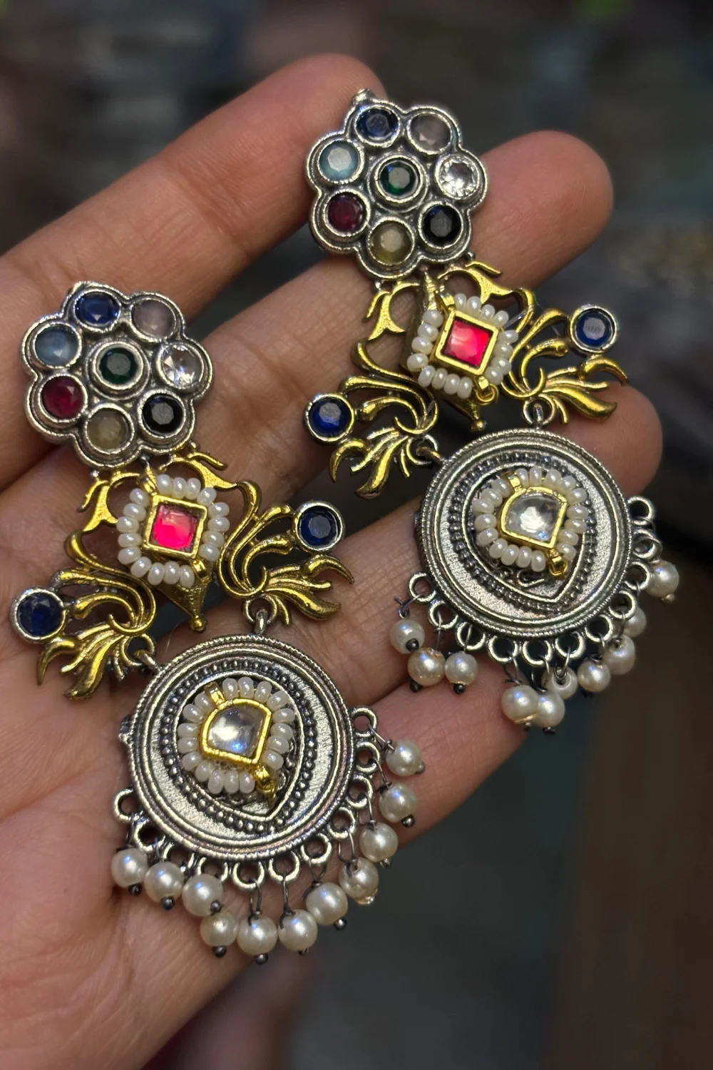 Silver Look Pachi Kundan Hanging Type Earring