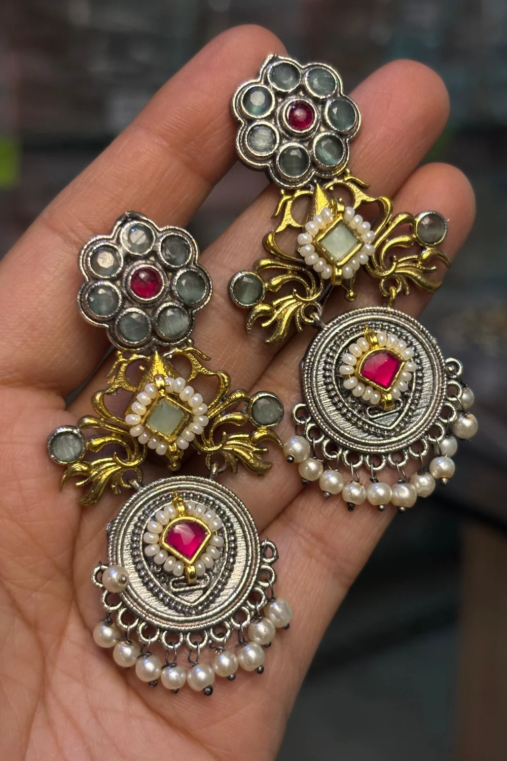 Elegant Silver Look Pachi Kundan Hanging Type Earring