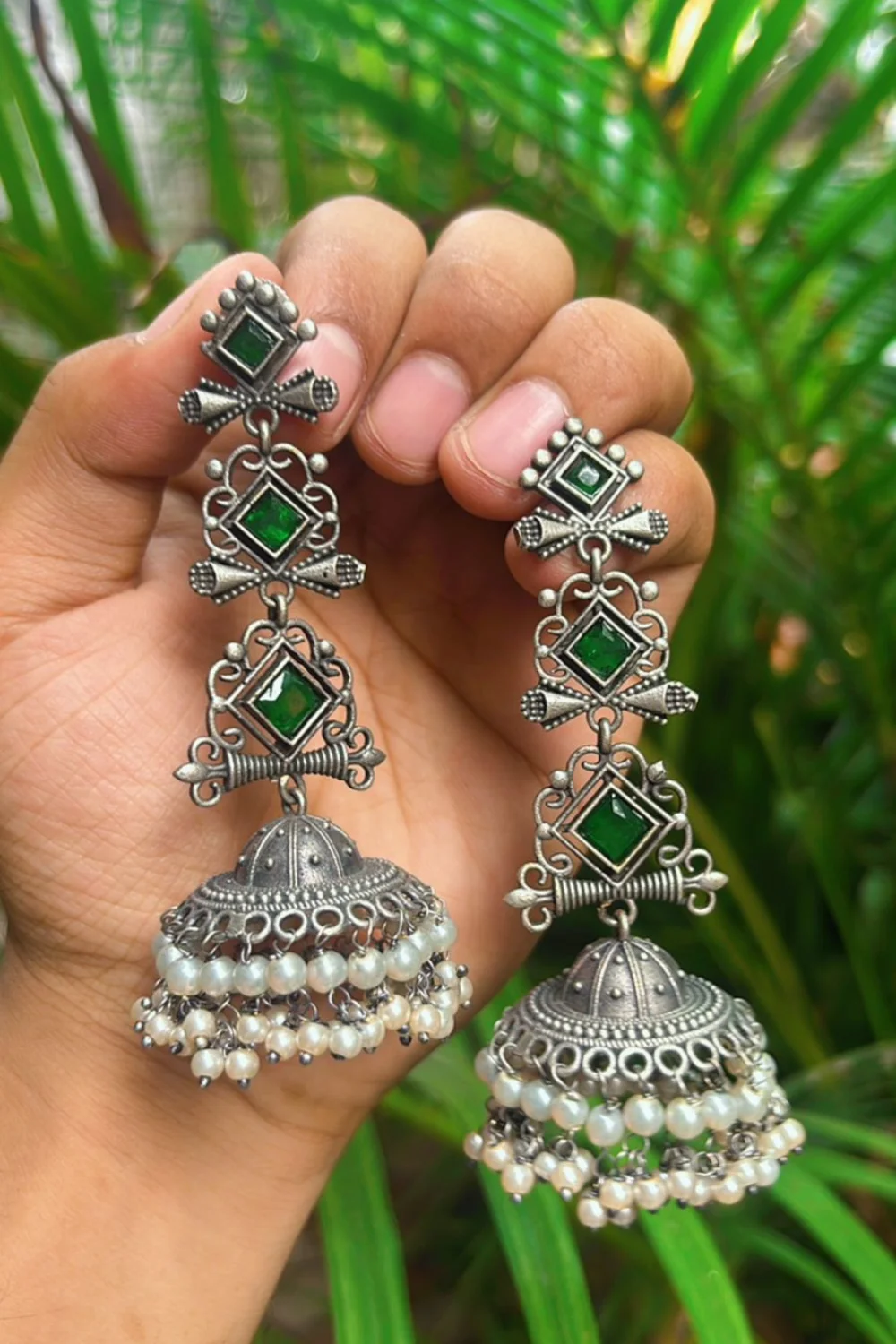 Silver Replica Monalisa Stone Jhumki Earring