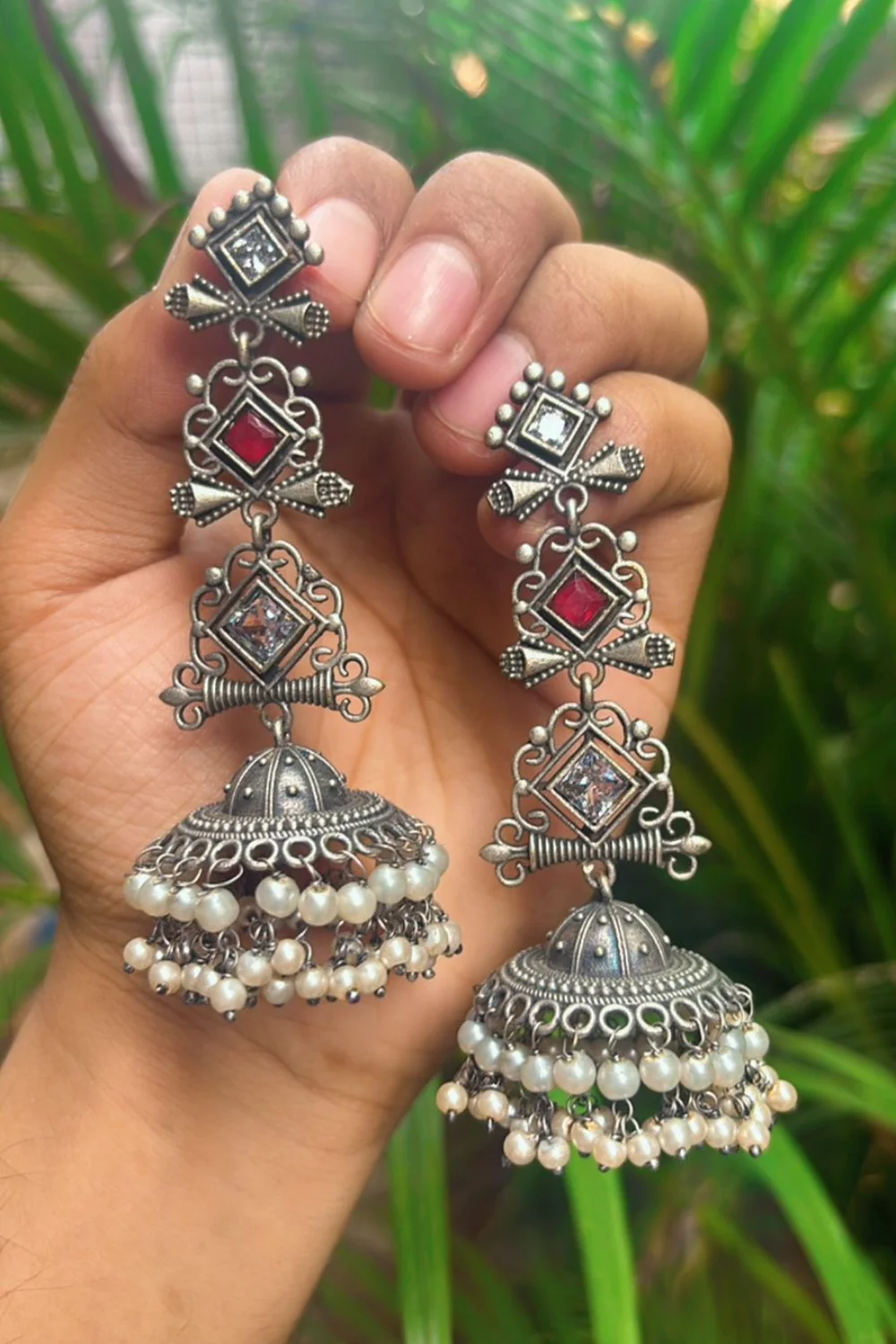 Elegant Silver Replica Monalisa Stone Jhumki Earrings